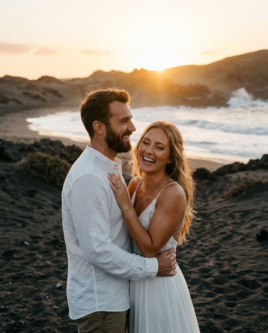 Sesion de fotos de pareja en una playa de Gran Canaria con maquillaje natural de novia