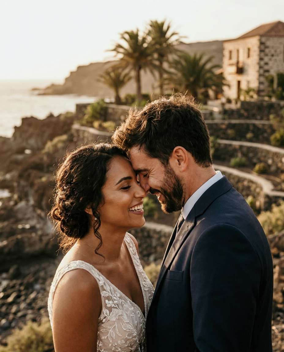 Novios en una boda al atardecer en la costa de Gran Canaria